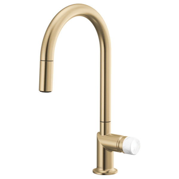 Brizo 63075LF single handle bathroom faucet with stainless steel finish and white marble knob handle kit, modern and sleek design