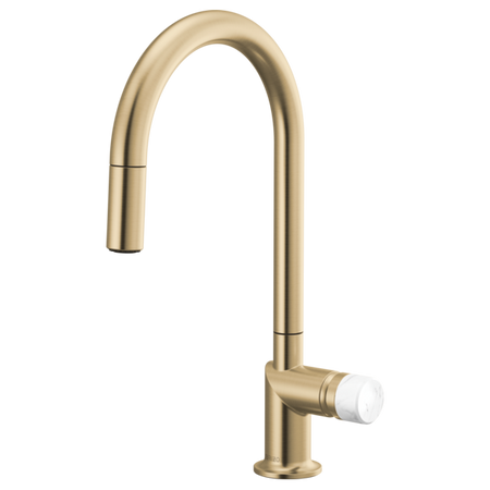 Brizo 63075LF single handle bathroom faucet with stainless steel finish and white marble knob handle kit, modern and sleek design