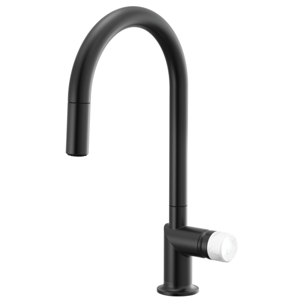 Brizo 63075LF single handle bathroom faucet with white marble knob handle and stainless steel finish, modern bathroom fixture.