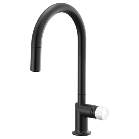 Brizo 63075LF single handle bathroom faucet with white marble knob handle and stainless steel finish, modern bathroom fixture.