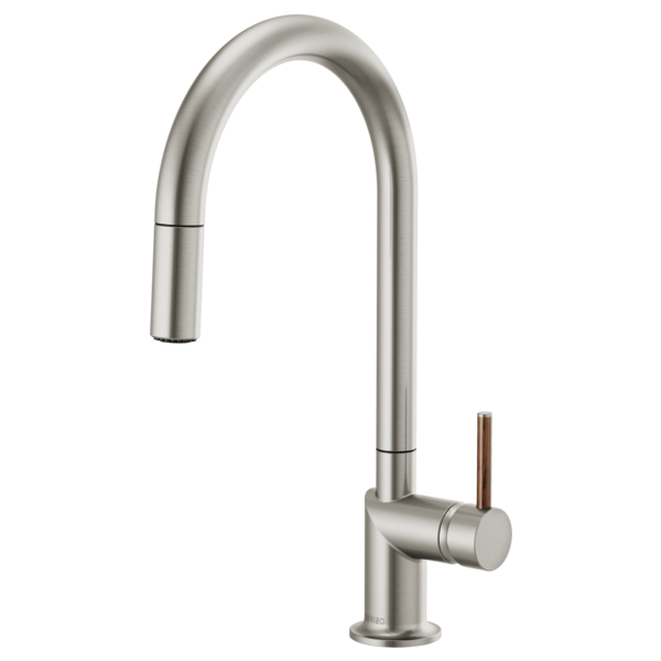 Brizo 63075LF single handle bathroom faucet with stainless steel finish and wood lever handle for modern bathroom decor