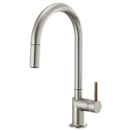 Brizo 63075LF single handle bathroom faucet with stainless steel finish and wood lever handle for modern bathroom decor