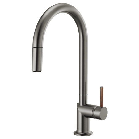 Brizo 63075LF single handle bathroom faucet with wood lever handle and stainless steel finish, installed on bathroom sink.
