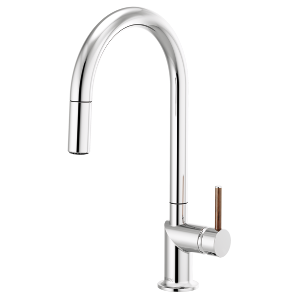 Brizo 63075LF stainless steel single handle bathroom faucet with wood lever handle kit installed on a sink.