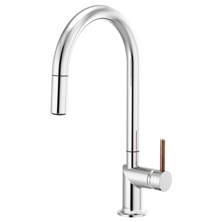 Brizo 63075LF stainless steel single handle bathroom faucet with wood lever handle kit installed on a sink.