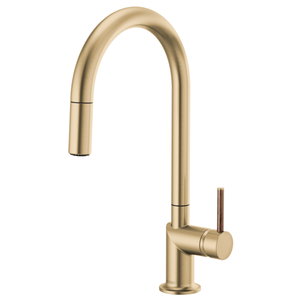 Brizo 63075LF single handle bathroom faucet with stainless steel finish and wood lever handle kit, mounted on bathroom sink.