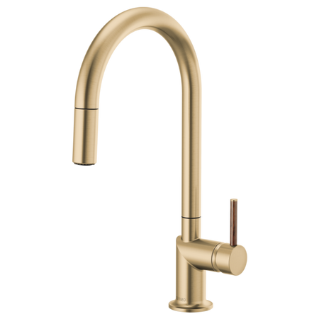 Brizo 63075LF single handle bathroom faucet with stainless steel finish and wood lever handle kit, mounted on bathroom sink.