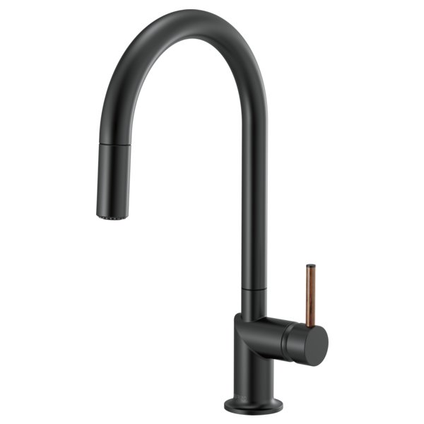 Brizo 63075LF single handle bathroom faucet with stainless steel finish and wood lever handle kit on a bathroom sink.