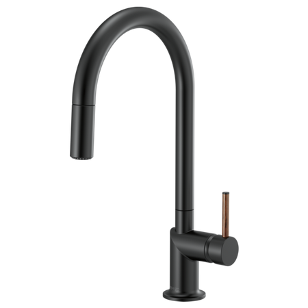 Brizo 63075LF single handle bathroom faucet with stainless steel finish and wood lever handle kit on a bathroom sink.