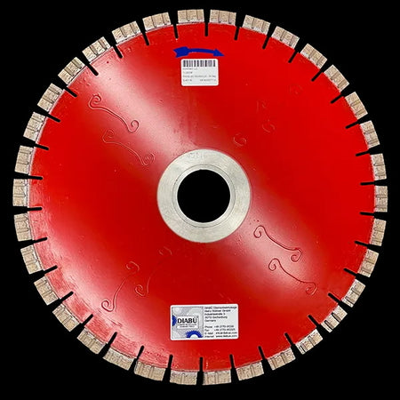 Diabu Titan Red Rail Saw Blade, 14-inch with 12.5mm segments and 50/60 arbor, used for precise rail cutting.