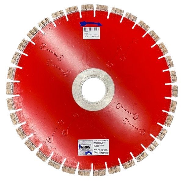Diabu Titan Red Rail Saw Blade, 14-inch with 12.5mm segments and 50/60 arbor, used for precise rail cutting. 1