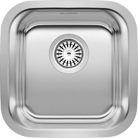 Stainless steel kitchen sink with brand logo on a white background