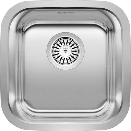 Stainless steel kitchen sink with brand logo on a white background