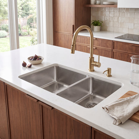 Jade- Onyx 18 Gauge 6040 Reversible Undermount Kitchen Sink, Radial Corners, 32x18x9/7 8