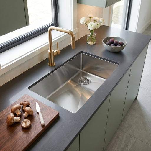 Master Chef -  Amiens Right Drain Stainless Steel UM Sink RADIAL CORNER 31-1/2' x 18-1/2' x 9' 2