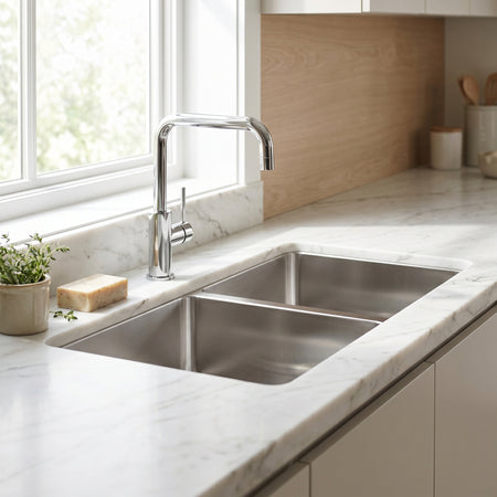 Master Chef - Bordeaux Radial  Culinary Style Stainless Steel Kitchen Sink Double/Equal Bowl UM RADIAL CORNERS 8