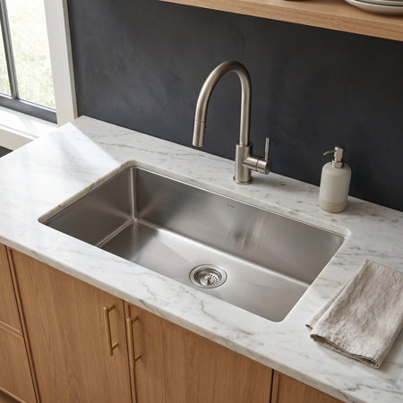 Master Chef- Valence 27 Radial Culinary Style Stainless Steel Kitchen Sink w/Slight Radius 27x18x10 15 G RADIAL CORNERS 9