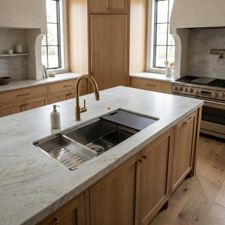 Master Chef-Versailles 32 Workstation Square corner, 15 gauge, rear center drain-Includes Colander, cutting board, rolling rack, and sink grid 10
