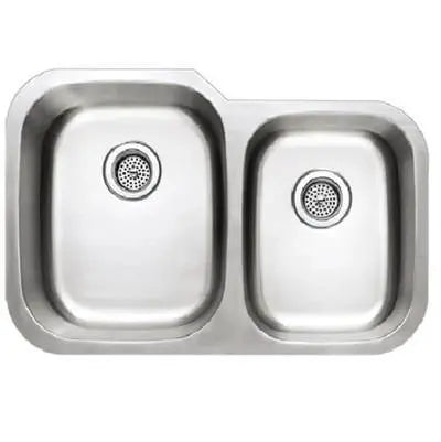 Presidential Madison Premium 18-Gauge offset double bowl kitchen sink with stainless steel finish, measuring 31.75x20.5x9/7 inches.