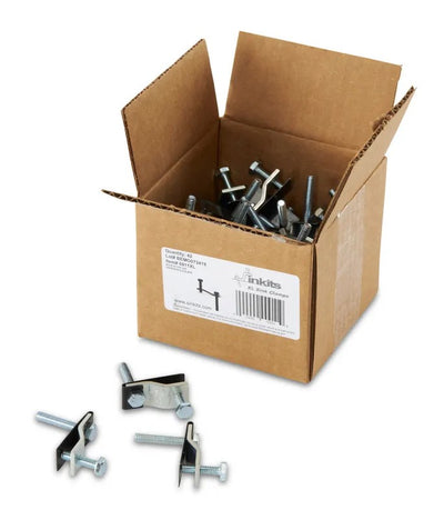 Box of 48 Sinkits® 0911 Regular Sink Clips for professional undermount sink installation, showcasing durable metal clips.