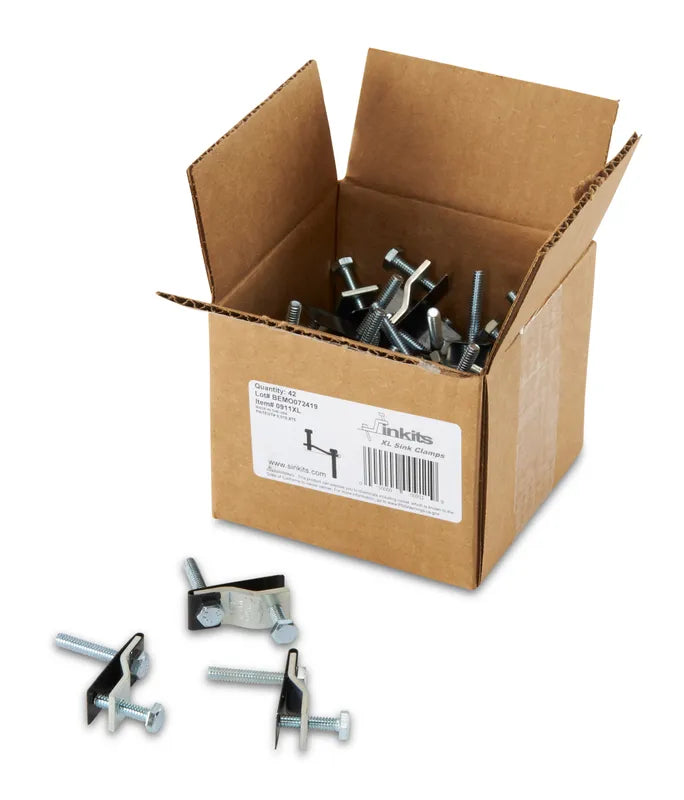 Box of 48 Sinkits® 0911 Regular Sink Clips for professional undermount sink installation, showing silver metal clips.