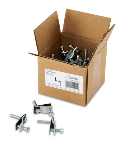 Box of 48 Sinkits® 0911 Regular Sink Clips for professional undermount sink installation, showing silver metal clips.