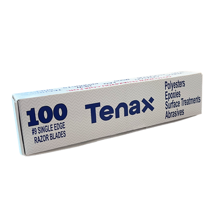 Box of 100 Tenax #9 razor blades showing sharp stainless steel blades in a white packaging.