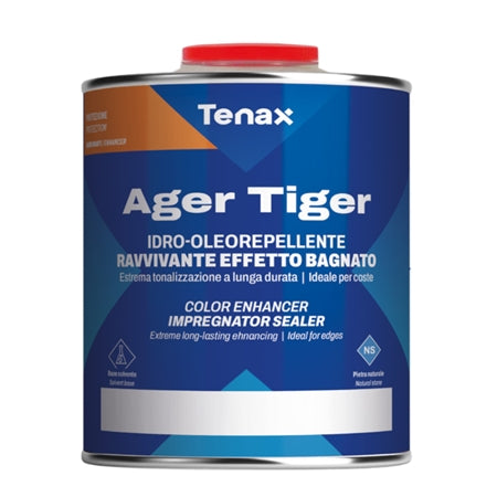 Tenax-Ager Tiger 1-liter container of colored pigmented resin for wood and stone surface restoration and enhancement.
