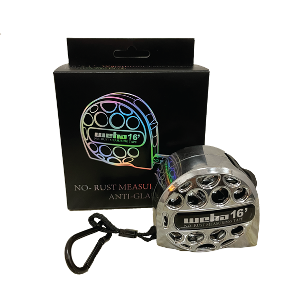 Weha 16ft stainless steel waterproof tape measure showing measurement markings and a sturdy metal case.