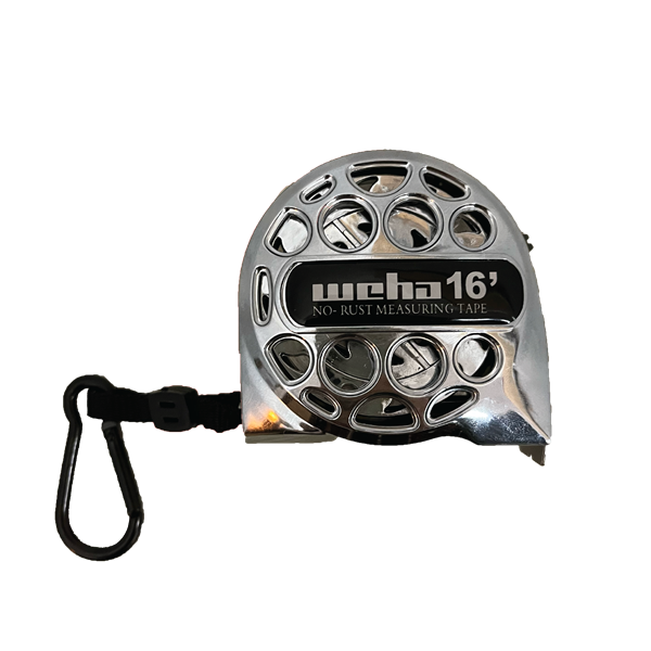 Weha 16ft stainless steel waterproof tape measure with 1-inch width, showing the measuring tape extended and the branded casing.