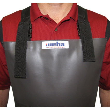 Weha Grey Apron made of durable fabric, featuring adjustable straps and multiple pockets for tool storage.