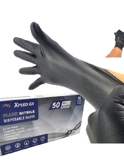 Pair of large Xpeed GK Nitrile gloves shown, highlighting durable, textured nitrile material for industrial or medical use.