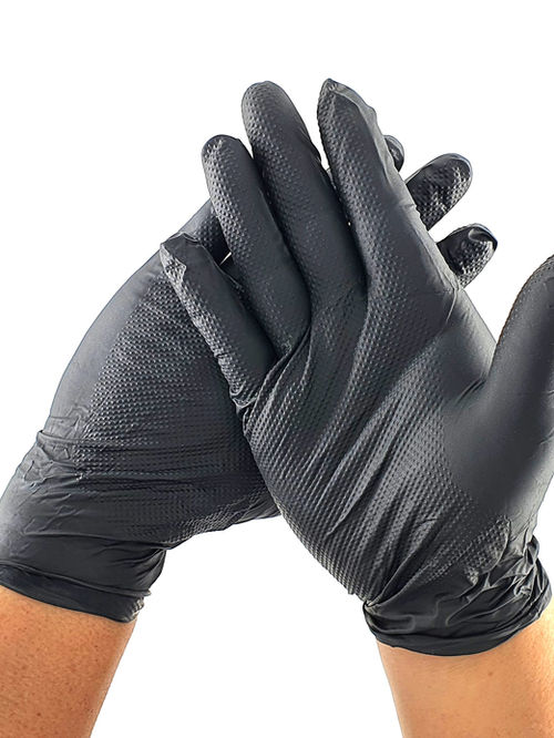 Large Xpeed GK Nitrile gloves showing the textured blue surface and flexible fit, ideal for medical or industrial use.