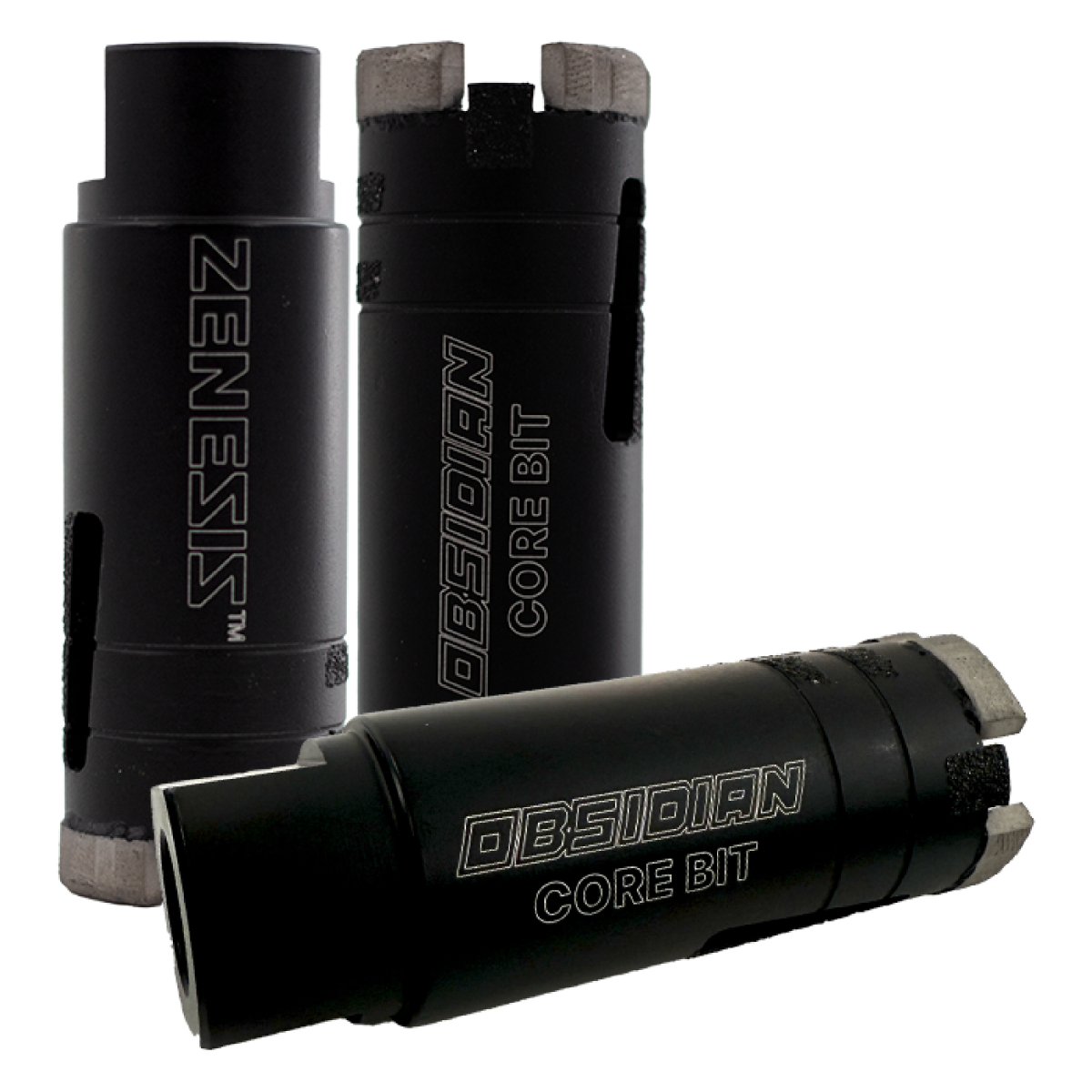 Three black core bits with 'Obsidian' branding on a white background