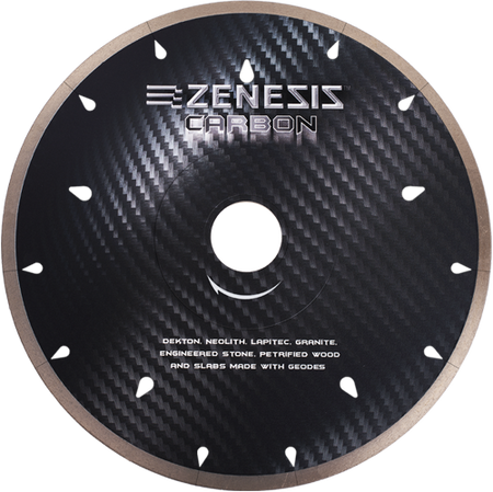 Zenesis Carbon Bridge Saw Blade, diamond blade for wet cutting, 12 to 16 inches, shown mounted on a saw for stone or tile cutting.
