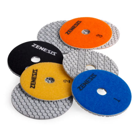 Zenesis 3 Step Diamond Polishing Pad set, 4-inch diameter, 3.0mm thickness, 5/8 inch arbor for stone and concrete polishing.