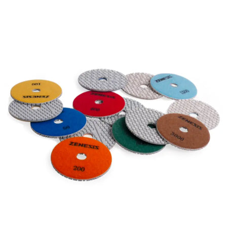 Zenesis Hybrid White Resin Diamond Polishing Pad 4-inch, 50-3000 grit, blue backing, for stone and concrete polishing.